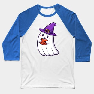 Cute Witch Ghost Holding Pumpkin Halloween Cartoon Baseball T-Shirt